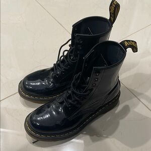Black Patent Leather Boots with Yellow Stitching